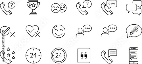 Minimal customer support and communication line icon set featuring phone chat feedback rating service symbols for modern interface design