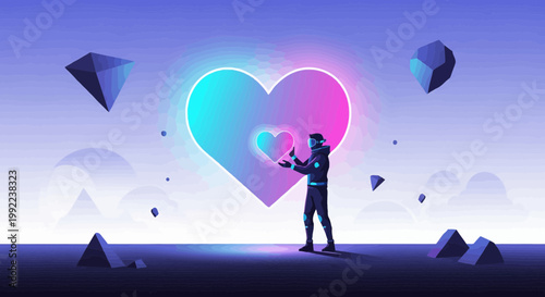 Futuristic man creates glowing heart in digital landscape with geometric shapes