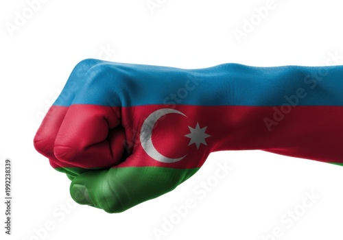 Clenched fist painted with the flag of azerbaijan, isolated on white background