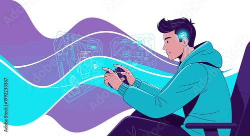 Future gaming experience with advanced technology connecting gamer and virtual reality interface