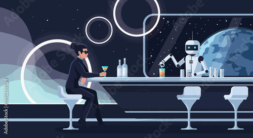 Future mixology cosmic scene showcasing advanced robot bartender serving human customer