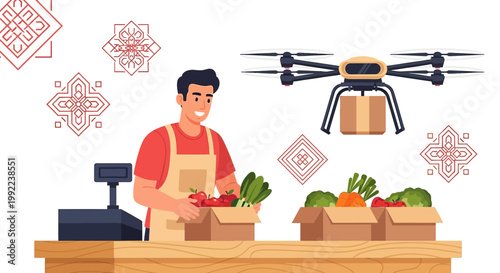 Future of grocery shopping, delivering fresh produce via drone for efficient service