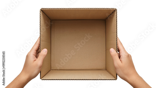 Two hands hold an empty open cardboard box viewed from above isolated on transparent background
