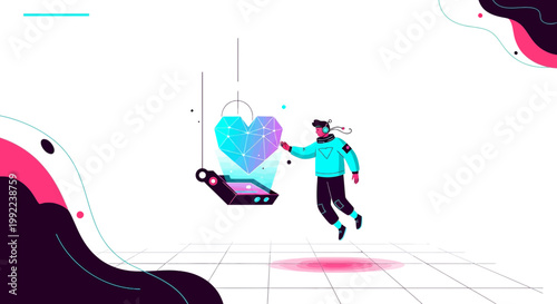 Futuristic Man Interacting with Digital Geometric Heart in Virtual Reality