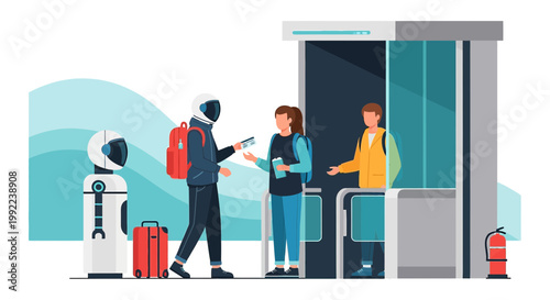 Future travel concept showcasing robot assistance and space tourism check-in process