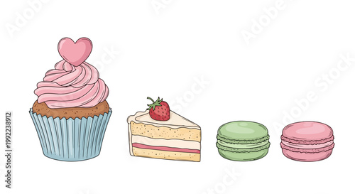 Delicious assortment of sweet treats including a cupcake, cake slice, and macarons.