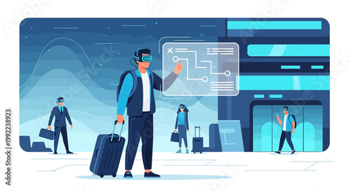 Future travel experience with virtual reality technology, navigating with digital interface