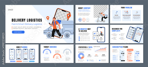 Modern delivery presentation with mobile UI, logistics concept and startup pitch deck. Clean slides for food delivery apps, ecommerce and business projects.