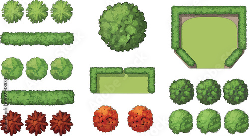 Top Down View Landscape Design Elements Set Featuring Various Trees Hedges And Garden Bed Layouts Vector Illustration