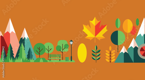 Flat vector illustration of an autumn park landscape with mountains, trees, a bench, and a maple leaf