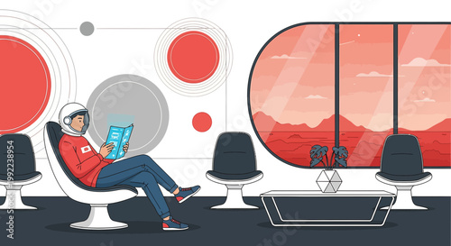 Future traveler relaxing in modern space station lounge with red planet view