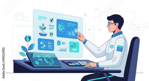 Futuristic agriculture analysis on transparent digital interface with scientist, utilizing data