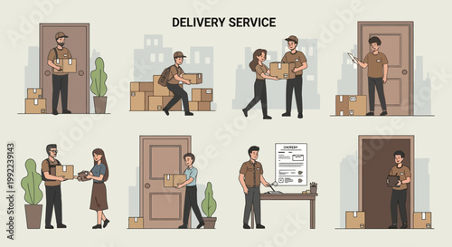 Delivery service workers handling packages and parcels for various customers.