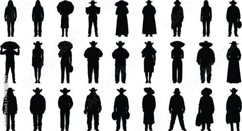 Human silhouettes collection with various people poses hats and cultural outfits, cad drawing flat vector illustration for character design projects