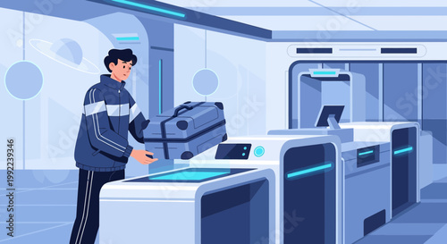 Futuristic airport scene with traveler placing luggage for automated processing or scanning system
