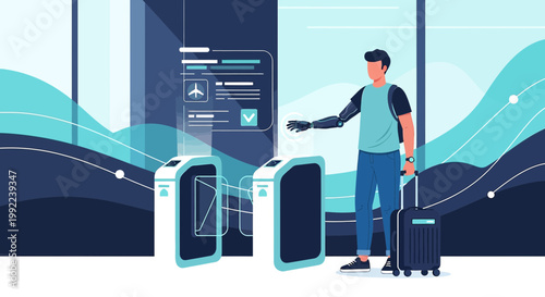 Futuristic airport security checkpoint with robotic arm passenger showcasing seamless technology
