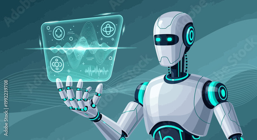 Futuristic android with data display in hand showcasing advanced interface application