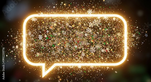Glowing speech bubble with sparkling particles.