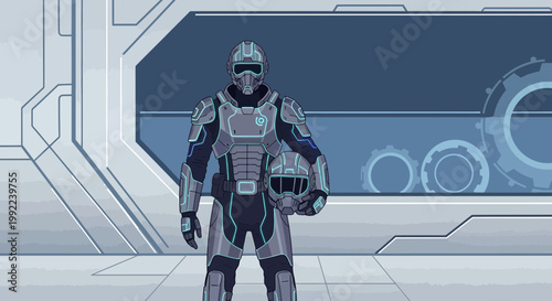 Futuristic armored guardian stands ready in a high-tech base preparing for exploration