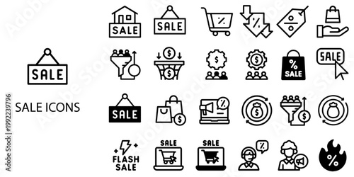 Sale simple New concept 24 Black and White color icons set .Vector illustration.