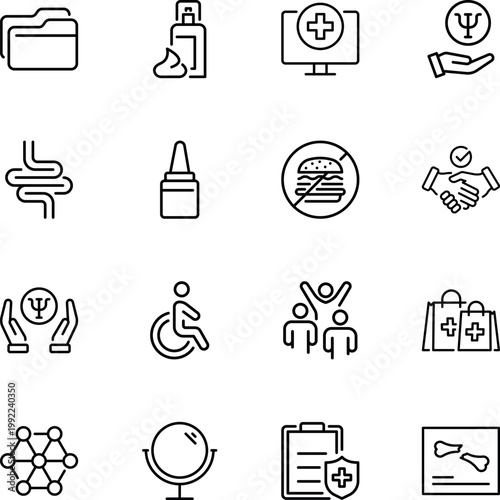 Medical health care symbols and icons, folder, dispenser, computer, hands, intestines, bottle, handshake, disabled, people, bag