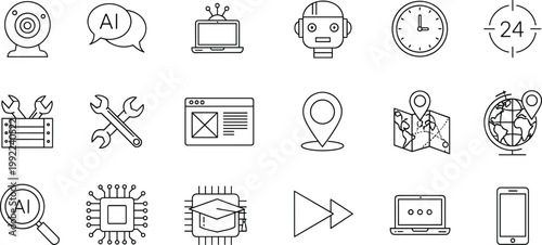 Minimal line icon set featuring artificial intelligence, digital devices, location services, support tools, and modern technology workflow elements