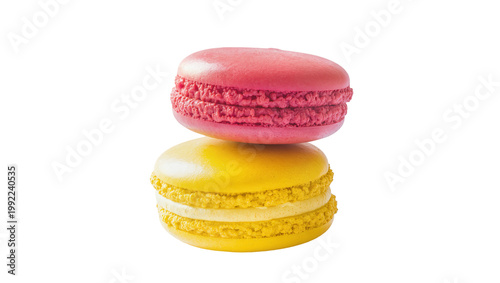 Two colorful macarons stacked pink and yellow, isolated on transparent background