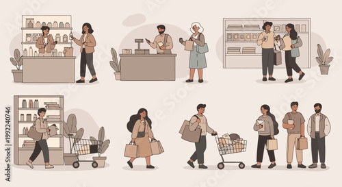 Diverse shoppers and store staff engaging in various retail activities.