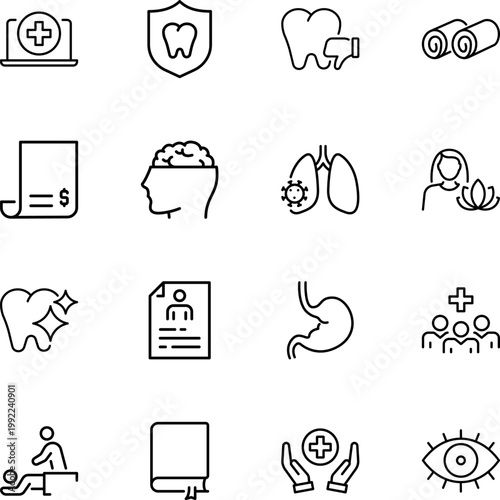 Healthcare medical treatment body parts wellness outline icons, lungs, brain, stomach, tooth, eye, medical cross