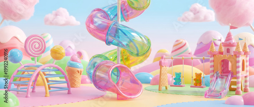Candy-themed children's playground 3D illustration with slides, swings, castle and whimsical elements