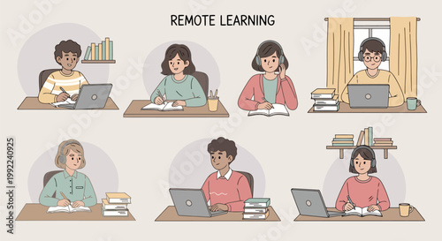 Diverse students engaged in remote learning from home using laptops and books.