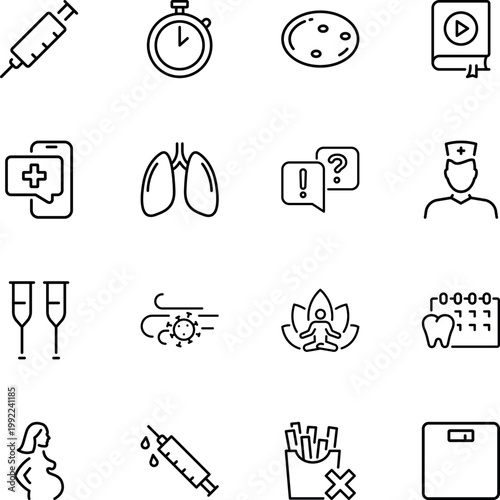 Health medical wellness lifestyle disease prevention icons, syringe, lungs, doctor, crutches, pregnant, virus, yoga, scale