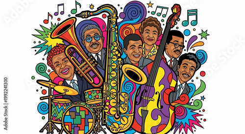Jazz musicians with musical instruments smiling.