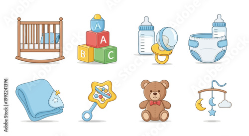 Baby toys and nursery items collection.