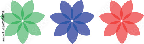 A vibrant digital vector illustration featuring three stylized flower icons in green blue and red. transparent effect suitable for modern branding and graphic projects.