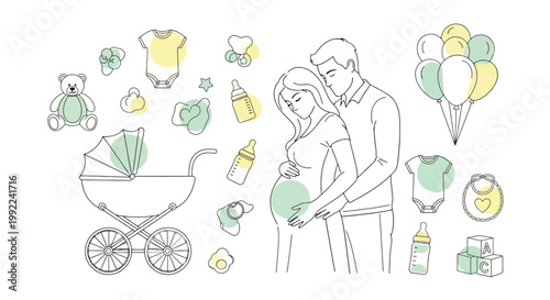 Expectant Parents and Baby Essentials Sketch Collection.