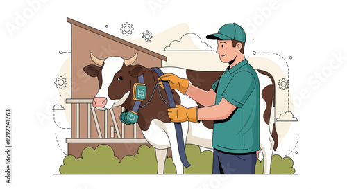 Farmer with technological collar on a cow for monitoring on a digital farm setting for efficiency