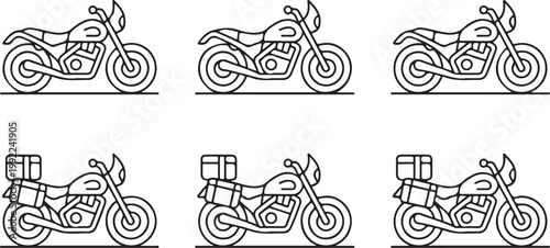 Adventure motorcycles black line vector icon set. Modern classic bike for travelling icon in flat outline stroke line art
