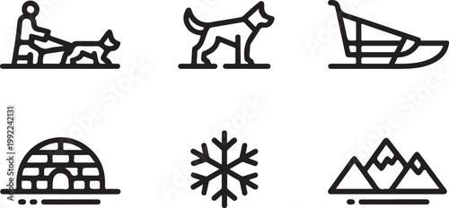 Arctic tundra black line vector icon set. Dog sledding silhouette icon in flat outline stroke line art