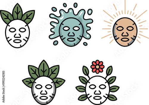 Set of five facial sheet mask icons representing various skincare treatments and beauty routines vector