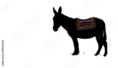 Silhouette of a donkey with colorful saddle against white background  