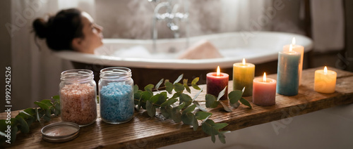 Woman relaxing in a bathtub with candles, salt jars, and eucalyptus on a wooden shelf