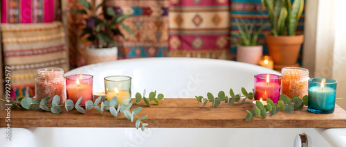 Wooden tray with candles and eucalyptus leaves placed beside a bathtub for relaxation