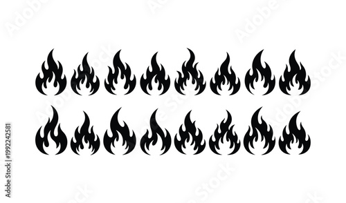 Collection of Twenty Black Fire Icons, Vector Illustration, Isolated on White Background, Symbolizing Heat and Energy