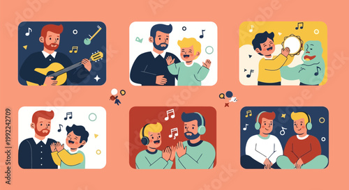 Father and son bonding over music, singing, and playing instruments together.