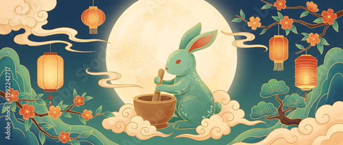 Jade rabbit pounding medicine under the full moon during Mid-Autumn Festival with lanterns and cloud seas in traditional Chinese style
