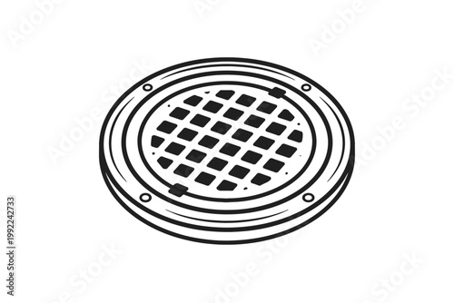 Round Metal Manhole Cover and Sewer Drain Grate Line Art Icon for Wastewater Management and Urban Utility Infrastructure Maintenance, Simple Flat Vector Illustration Isolated on White Background