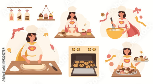 Female baker in superhero cape baking and decorating cupcakes, a collection of illustrations showing the baking process.