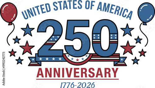 United states of america 250th anniversary logo with balloons and stars on white background