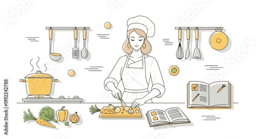 Female chef preparing food in a kitchen with various cooking utensils and ingredients.